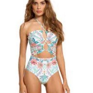 Women's Floral Cutout One-Piece Swimsuit in White and Teal